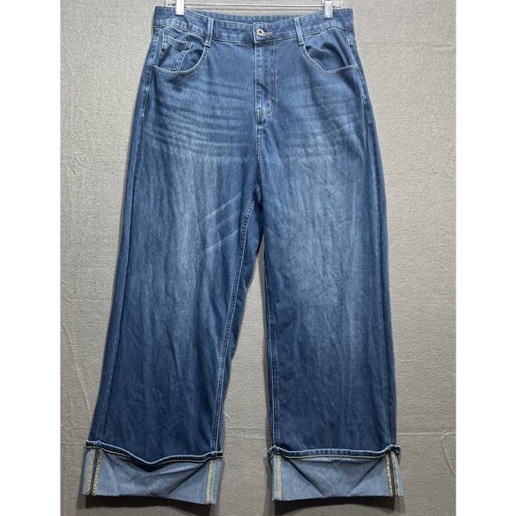 Halara Flex High Waisted Pockets Rolled Hem Wide Leg Boho Blue Spruce Size L - Picture 4 of 13